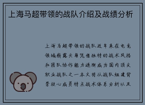 上海马超带领的战队介绍及战绩分析