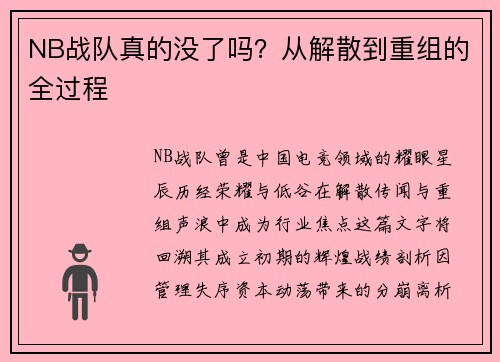 NB战队真的没了吗？从解散到重组的全过程