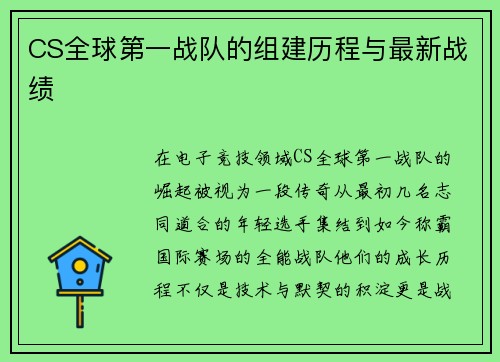 CS全球第一战队的组建历程与最新战绩